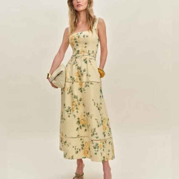 NEW Reformation Everett Linen Midi Dress Radiance Yellow Floral | US 2 UK 6 - Picture 1 of 15